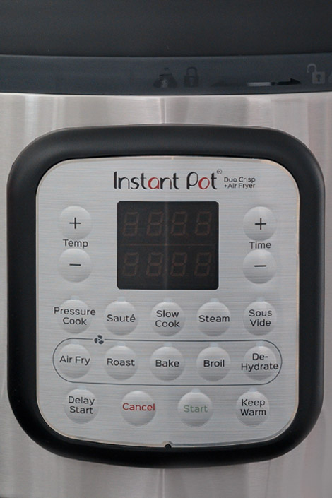 Closeup of the buttons on the Instant Pot Duo Crisp Air Fryer and Pressure Cooker