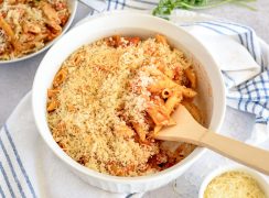 Instant Pot eggplant parmigiana in a ramekin topped with panko bread crumbs and ready to serve