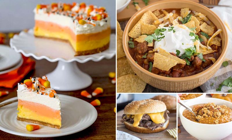 a collage of four recipes featured in the Halloween recipe roundup: on the left is a slice of candy corn cheesecake, colored in the classic candy corn colors, then on the top right is a yellow bowl of chili garnished with yellow tortilla chips and sour cream and cilantro, on the bottom middle is a steak and cheddar sandwich with lots of yellow cheese sauce dripping under the bun, and then the bottom right is a bowl full of Instant Pot pumpkin pie steel cut oats