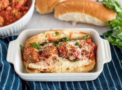 meatball sub made in a pressure cooker in a white baking dish