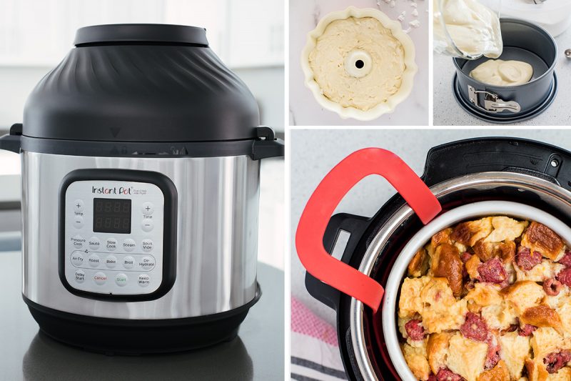 Mother's Day Gift Guide collage, featuring an Instant Pot Duo Crisp, a bundt pan, a spring form pan, and an Oxo sling and cake pan