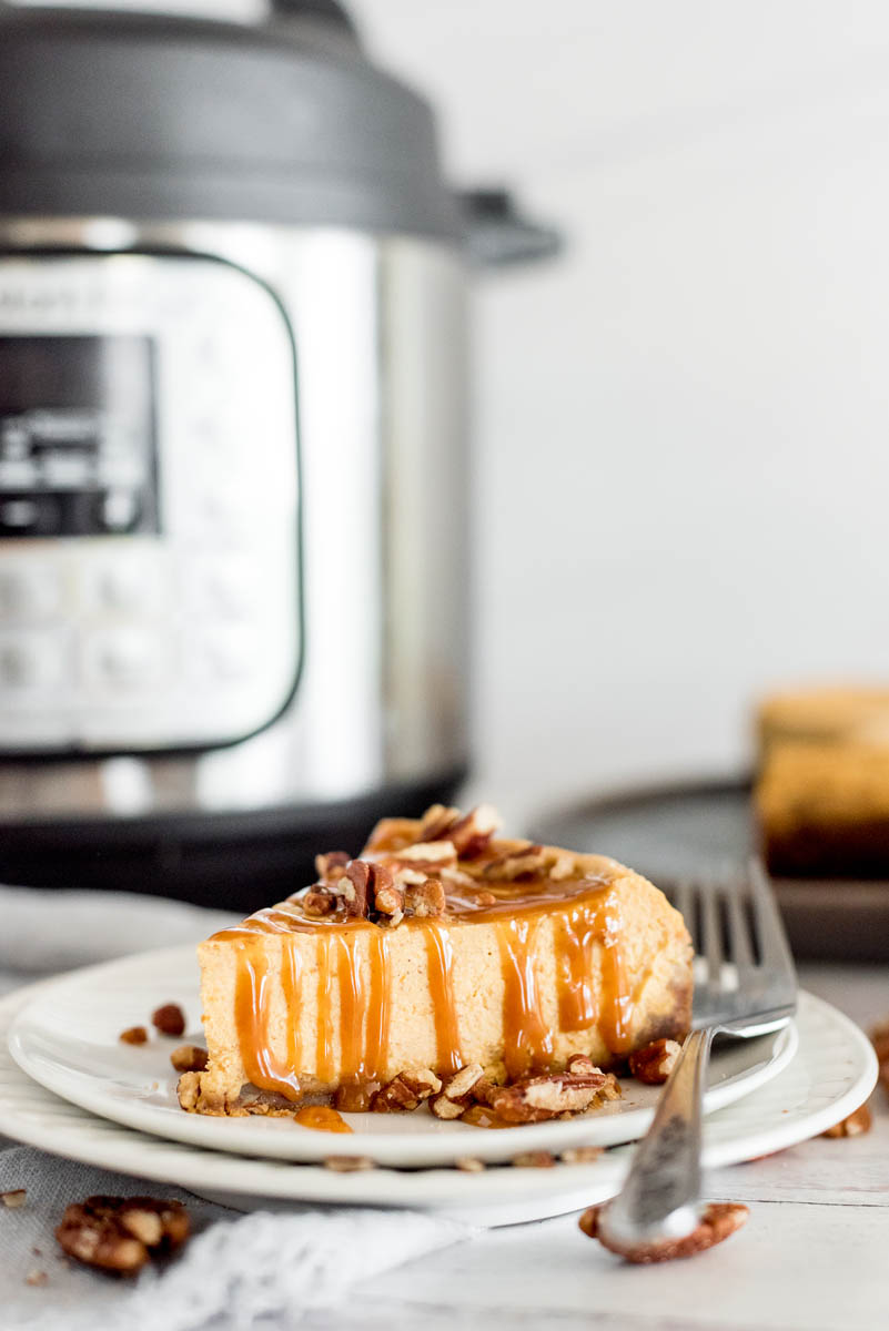 slice of instant pot with caramel sauce