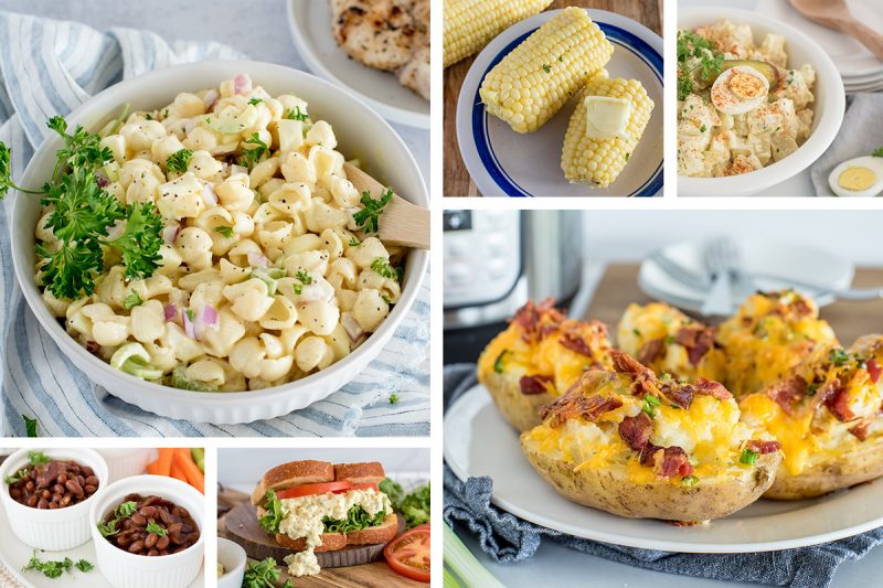 collage for Instant Pot summer Side Dish post, featuring a large image of amish potato salad on the top left and twice-baked potatoes on the bottom right, with smaller pictures of baked beans and egg salad and corn on the cob and potato salad tightly fitted