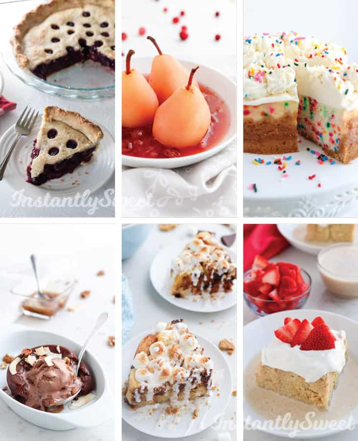 collage of interior photos from the Instantly Sweet Pressure Cooker Dessert Cookbook, including cherry pie, sugared pears, confetti cheesecake
