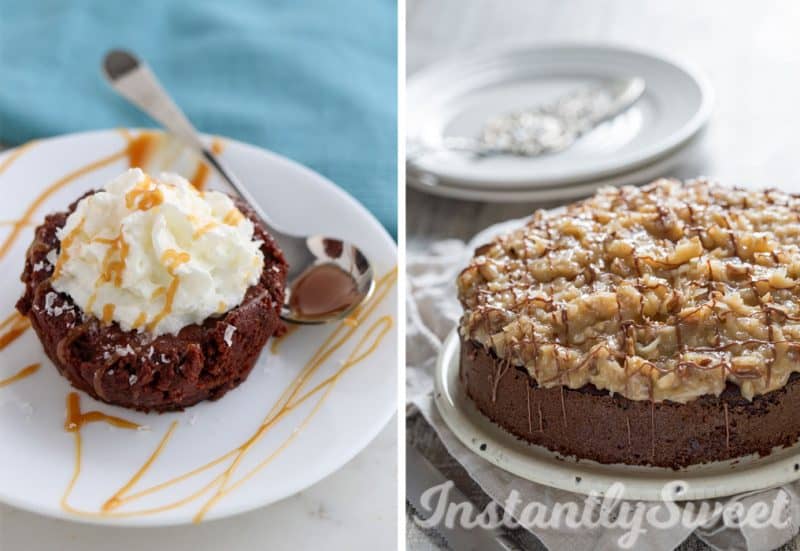 collage of Instantly Sweet lava cake and German Chocolate Cake