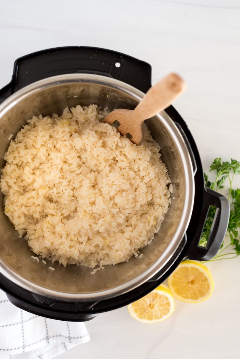overhead of an instant pot with lemon rice