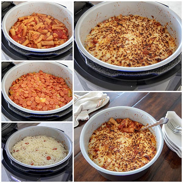 collage of Pepperoni and cheese on top of the Pressure Cooker Pepperoni Pizza Pasta