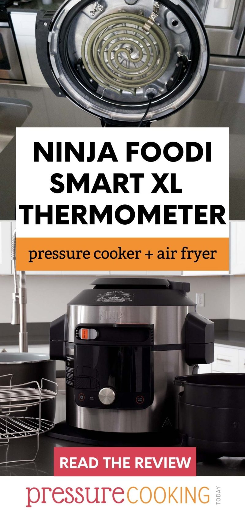 Picture collage of the Ninja Foodi Smart XL including the bottom of the air fryer and pressure cooking lid, and the front of the housing with the accessories included.