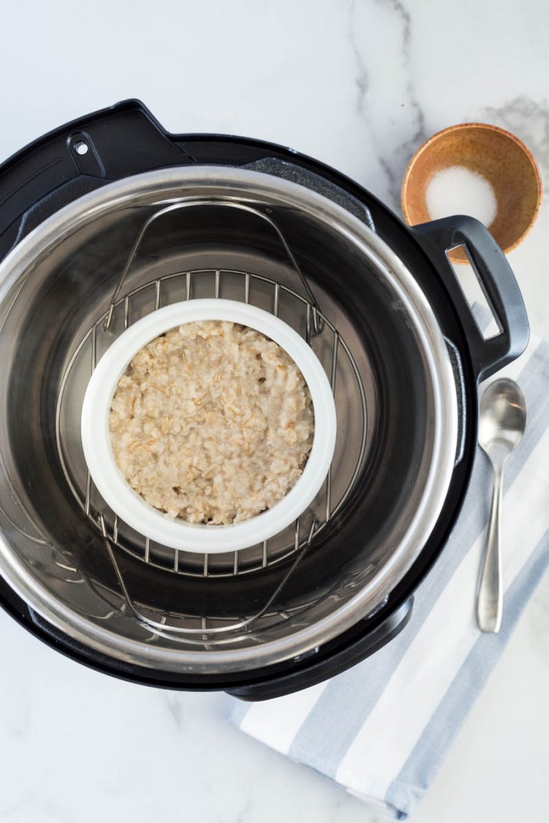 Overhead shot of oatmeal for one being cooked inside an instant pot