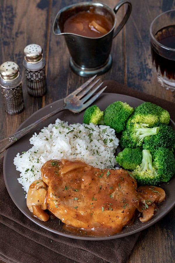 Shortcut Pressure Cooker (Instant Pot) Boneless Pork Chops recipe for the InstaPot or electric pressure cooker, quick and easy meal with a tomato-mushroom gravy