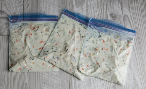 To freeze soups for a quick meal later on, pour into freezer-safe ziplocks and freeze flat