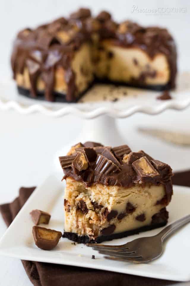 a slice of Pressure Cooker Peanut Butter Cup Cheesecake