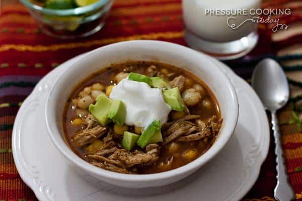 Pork and Hominy Stew - Pressure Cooker (Instant Pot) Posole in a white bowl