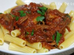 Pressure Cooker (Instant Pot) Pork Ragu Pasta Sauce with pasta on a white plate