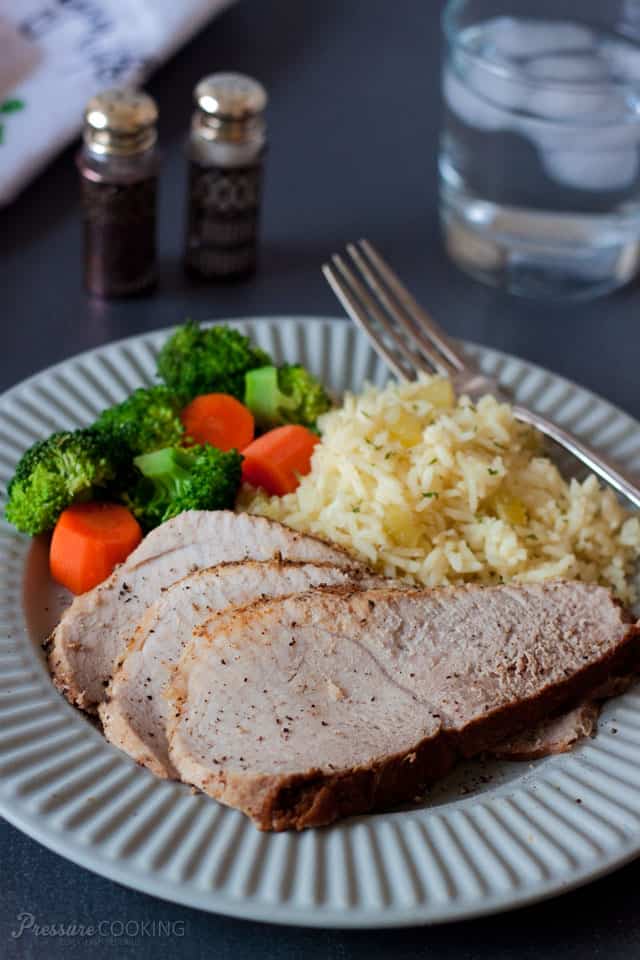 Pork Sirloin Tip Roast in the Pressure Cooker with Saffron Rice Pilaf. Recipes on Pressure Cooking Today.