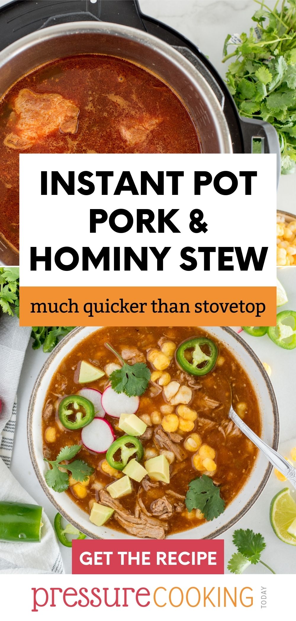 This hearty Instant Pot Stew features tender shredded pork shoulder in a not-too-spicy broth with hominy and topped with your favorite things! You can make this quick posole in any brand of electric pressure cooker. via @PressureCook2da