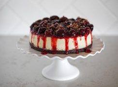 Pressure Cooker (Instant Pot) Black Forest Cheesecake on a white cake stand