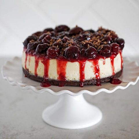 Pressure Cooker (Instant Pot) Black Forest Cheesecake on a white cake stand