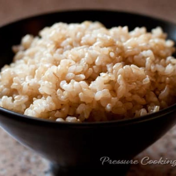 Pressure Cooker Brown Rice in a black bowl