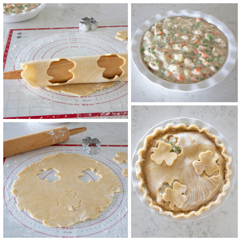 Overhead of four images of homemade pie crust being rolled out, cut and placed on top of Instant pot chicken pot pie for St. Patrick’s Day.