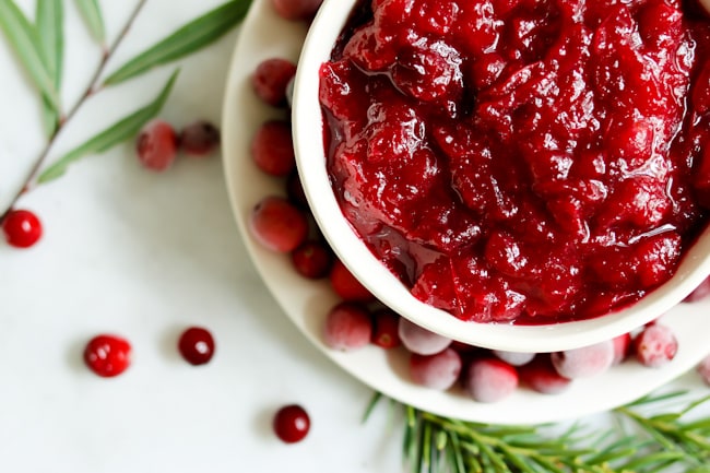 close up photo of a bowl of Pressure Cooker Cranberry Apple Sauce