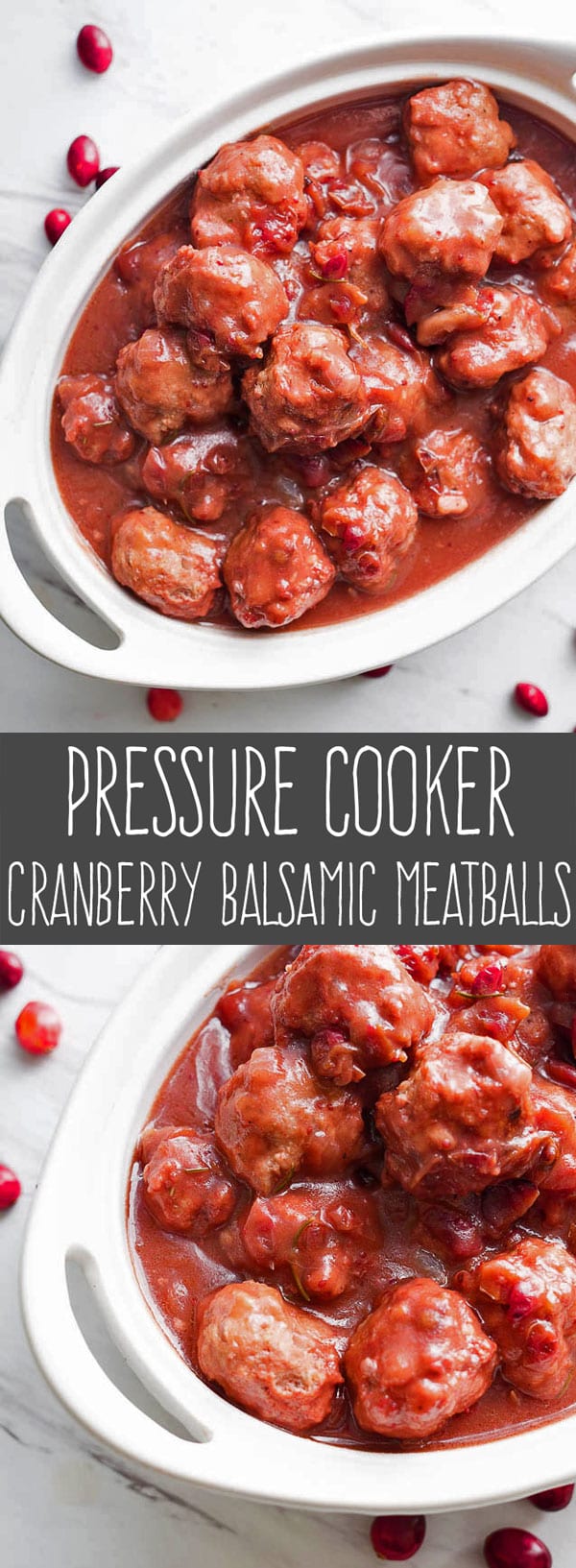 Cranberry Balsamic Meatballs are the perfect appetizer for holiday entertaining. Pop one into your mouth and taste an explosion of cranberry, rosemary, and balsamic vinegar packed into one savory bite. Making balsamic meatballs in an Instapot is quick and easy with this pressure cooker meatballs recipe. #pressurecooker #instantpot #appetizer via @PressureCook2da