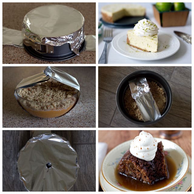 photo collage showing the use of a foil sling to get a pan out of a pressure cooker. 