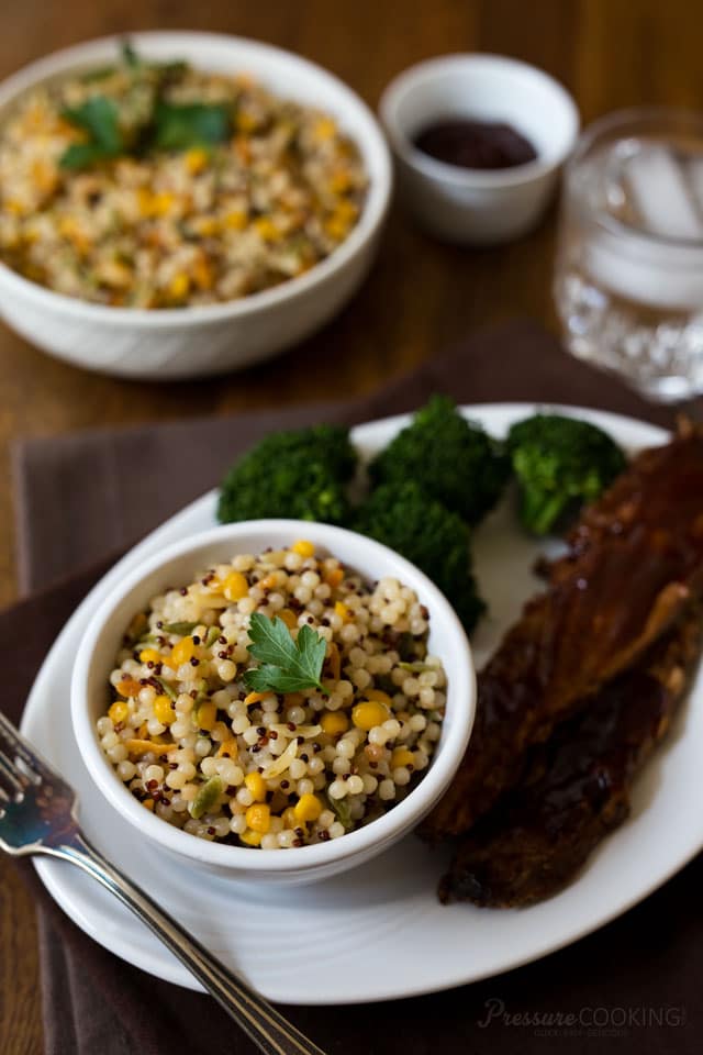 white bowl of Israeli Couscous made in a pressure cooker