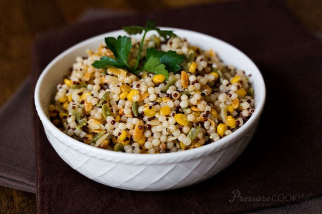 Pressure Cooker (Instant Pot) Israeli Couscous in a white bowl