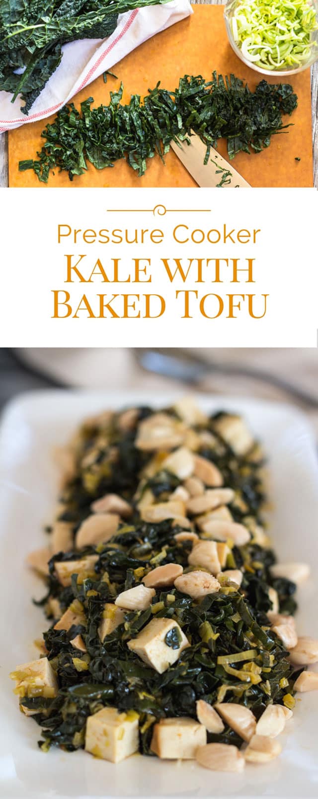 Kale with baked tofu and Spanish almonds is a healthy vegetarian pressure cooker recipe, perfect for a meatless main meal or side dish. This Instant Pot kale recipe will give you a daily dose of healthy greens. #instantpot #pressurecooker #healthyrecipe #vegetarian #tofu via @PressureCook2da