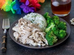 Pressure Cooker (Instant Pot) Kalua Chicken served on a plate with broccoli