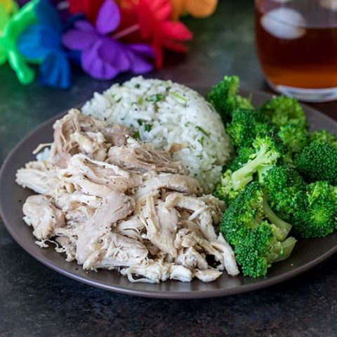 Pressure Cooker (Instant Pot) Kalua Chicken served on a plate with broccoli