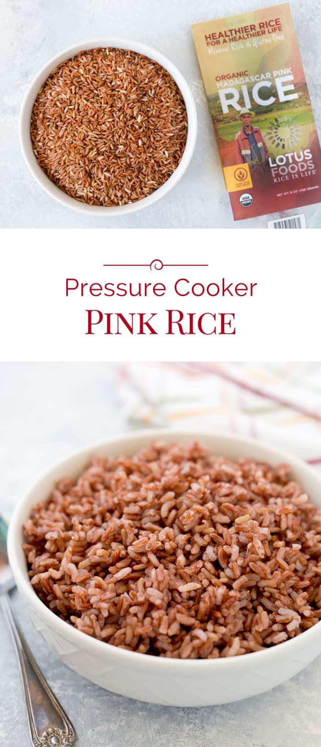 photo collage of pink rice made in an Instant Pot