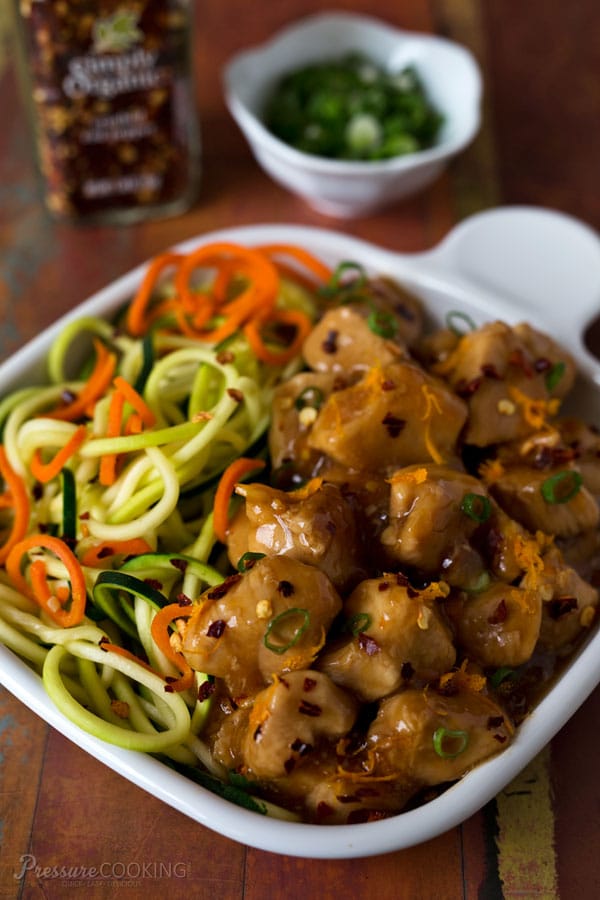 Tender bite-size pieces of chicken in a sweet, spicy orange sauce. This delicious Pressure Cooker Orange Chicken can be on the table in about 20 minutes.