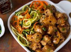Close up of Pressure Cooker (Instant Pot) Orange Chicken in a white bowl
