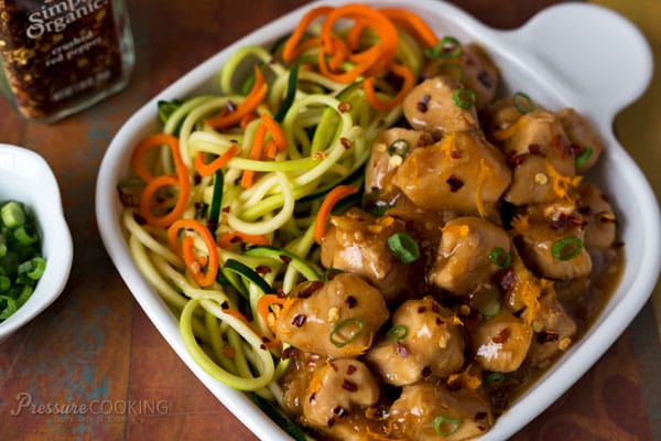 Close up of Pressure Cooker (Instant Pot) Orange Chicken in a white bowl
