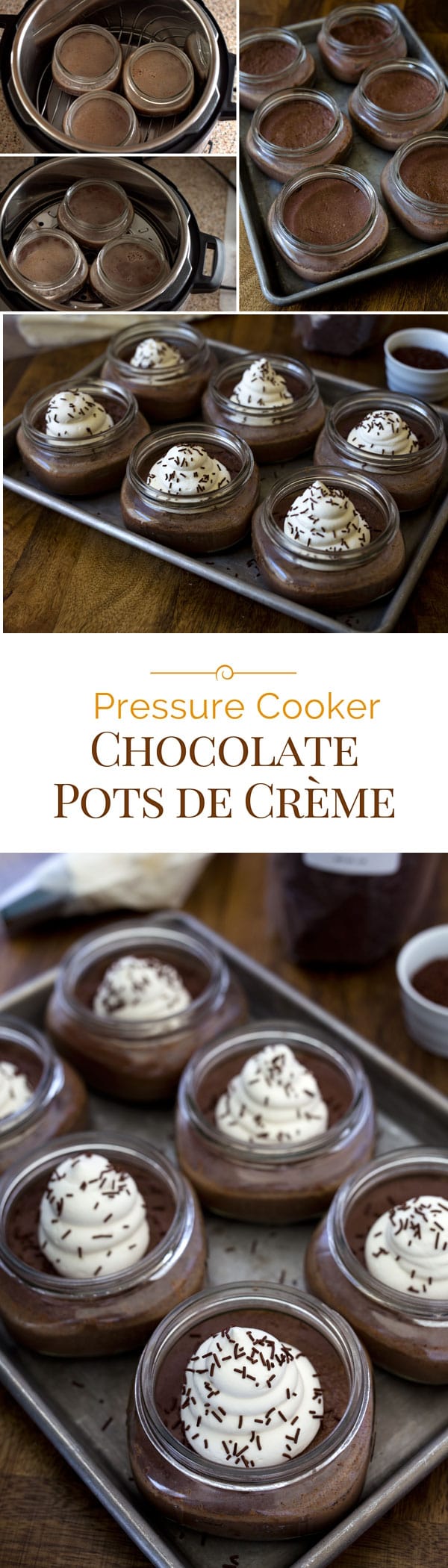 Chocolate Pots de Crème is a decadent and creamy chocolate custard dessert. Baked chocolate custard made in an Instant Pot is effortless and quick. This Pressure Cooker Chocolate Pots de Crème recipe is elegant enough for entertaining, but simple enough for a casual weeknight dessert. #instantpot #pressurecooking #dessertrecipe #chocolate via @PressureCook2da
