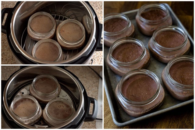 photo collage - 1/2 pint mason jars filled with chocolate custard sitting inside of an Instant Pot