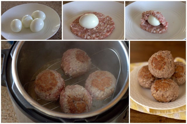 collage of photos showing the making Pressure-Cooker-Scotch-Eggs