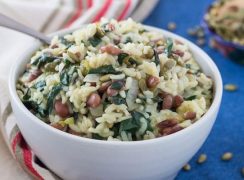 Pressure Cooker (Instant Pot) Southwest Pinto Bean Chard Risotto served in a white bowl
