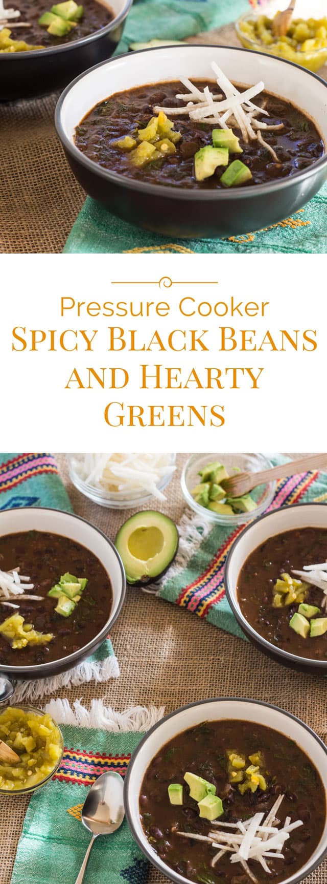 photo collage of bowls of spicy black beans with hearty greens