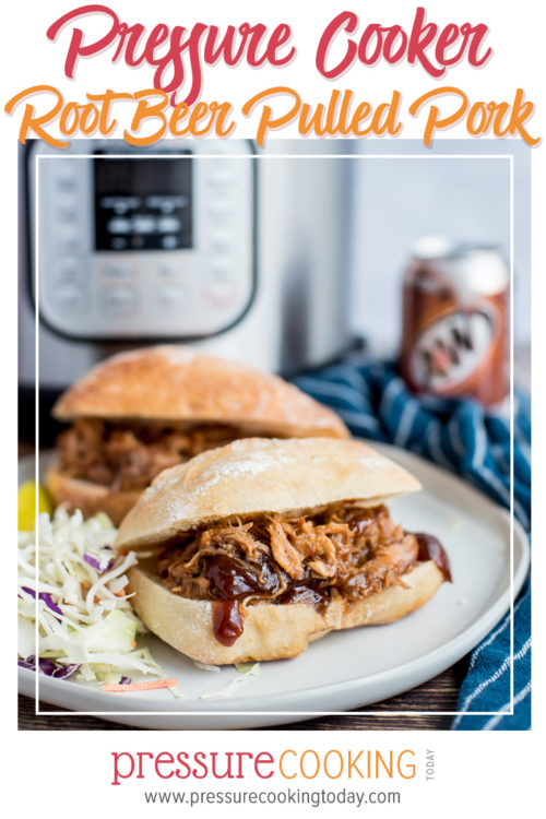 Pressure Cooker Root Beer Pulled Pork sandwiches plated and ready to serve with an Instant Pot in the background
