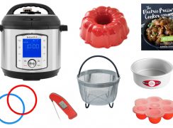 Collage of the Best Instant Pot gifts for Instant Pot lovers, featuring an Instant Pot Duo Evo Plus, a bundt pan, a steamer basket, a thermapen, and the Electric pressure Cooker Cookbook