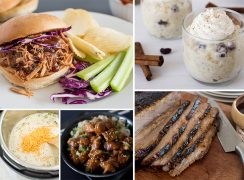 Picture collage of most popular pressure cooker recipes from 2019, including, Instant Pot Pulled Pork, Instant Pot Rice Pudding, Instant Pot Broccoli Cheese Soup, Instant Pot Honey Sesame Chicken, and Instant Pot Beef Brisket.