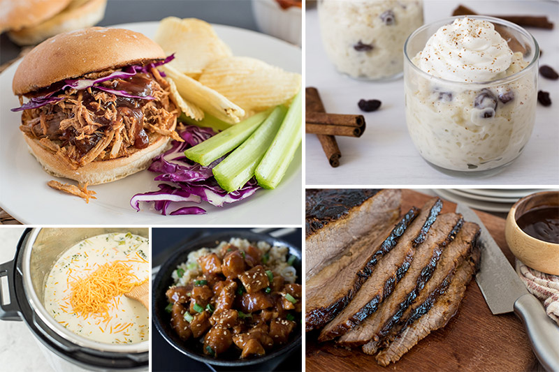 Picture collage of most popular pressure cooker recipes from 2019, including, Instant Pot Pulled Pork, Instant Pot Rice Pudding, Instant Pot Broccoli Cheese Soup, Instant Pot Honey Sesame Chicken, and Instant Pot Beef Brisket.