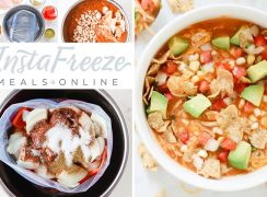 InstaFreeze collage with ingredients measured and chopped, adding the final few items to the cooked soup, the ingredients in a ziplock ready to freeze, the the creamy enchilada soup with all the toppings.