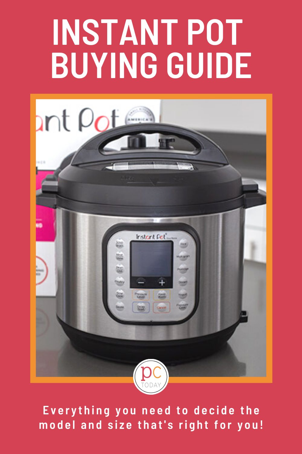 pinterest image on a pink background promoting our Instant Pot buying guide, featuring a duo nova on a gray countertop via @PressureCook2da