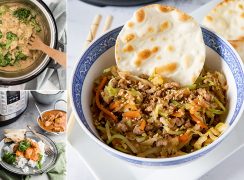 Collage image of Instant Pot Broccoli Cheese Soup, Pressure Cooker Butter Chicken, and Instant Pot Egg Roll Bowls in the 25 Instant Pot Quick Meals post by Pressure Cooking Today