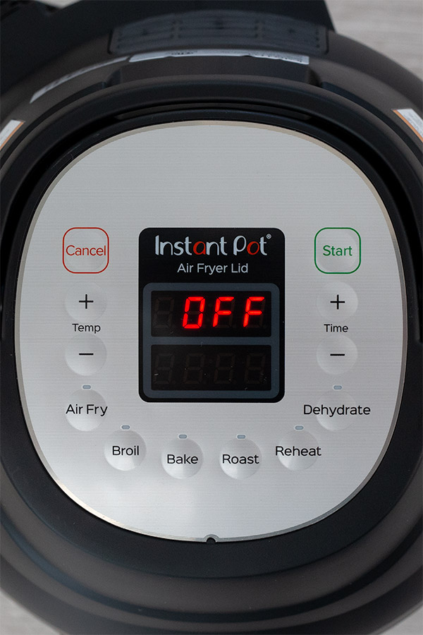 The Instant Pot Air Fryer Lid with temperature control, air fryer, broil, bake, roast, reheat, and dehydrate settings.