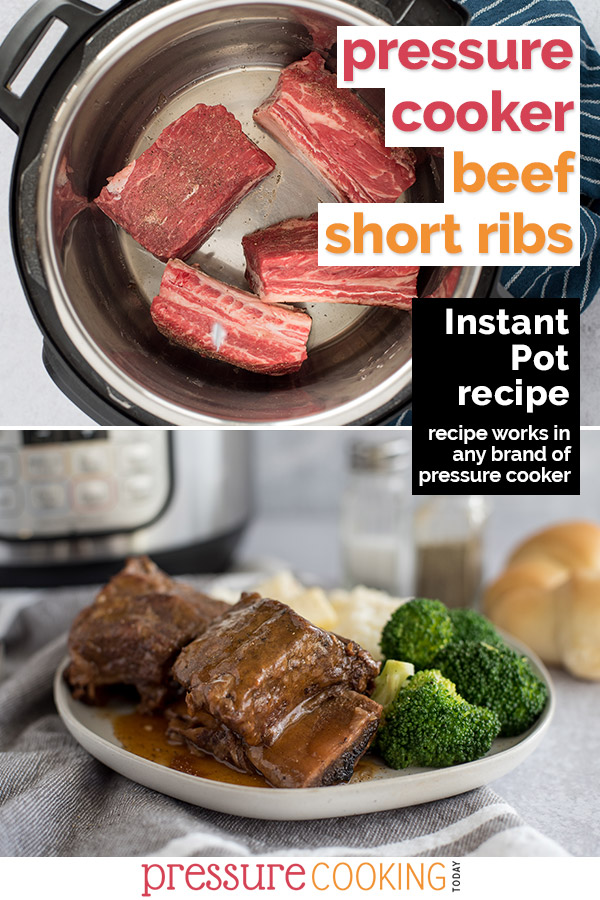 Collage of the Instant Pot Short Ribs recipe, one showing the raw short ribs in the Instant Pot, the lower pictures showing the cooked short ribs plated up and ready to serve via @PressureCook2da